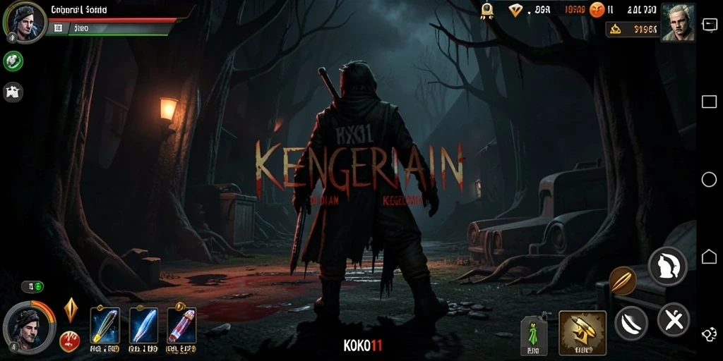 Screenshot gameplay KOKO11 menampilkan suasana horor yang mencekam.