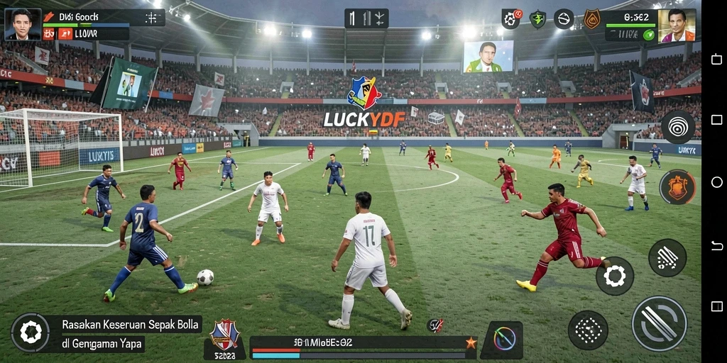 Tampilan gameplay seru dari LUCKYDF yang menunjukkan aksi sepak bola yang menegangkan.