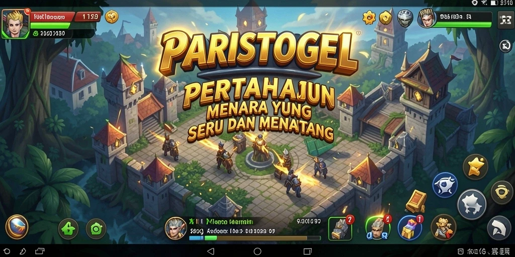Screenshot utama PARISTOGEL menampilkan aksi menara pertahanan melawan serangan musuh.