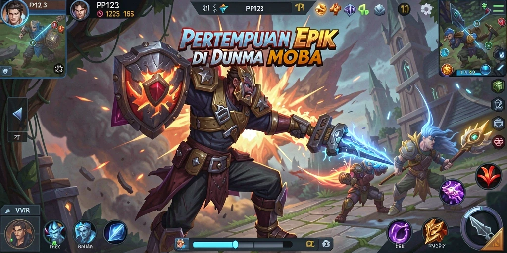 Screenshot permainan PP123 menampilkan aksi MOBA yang mendebarkan.