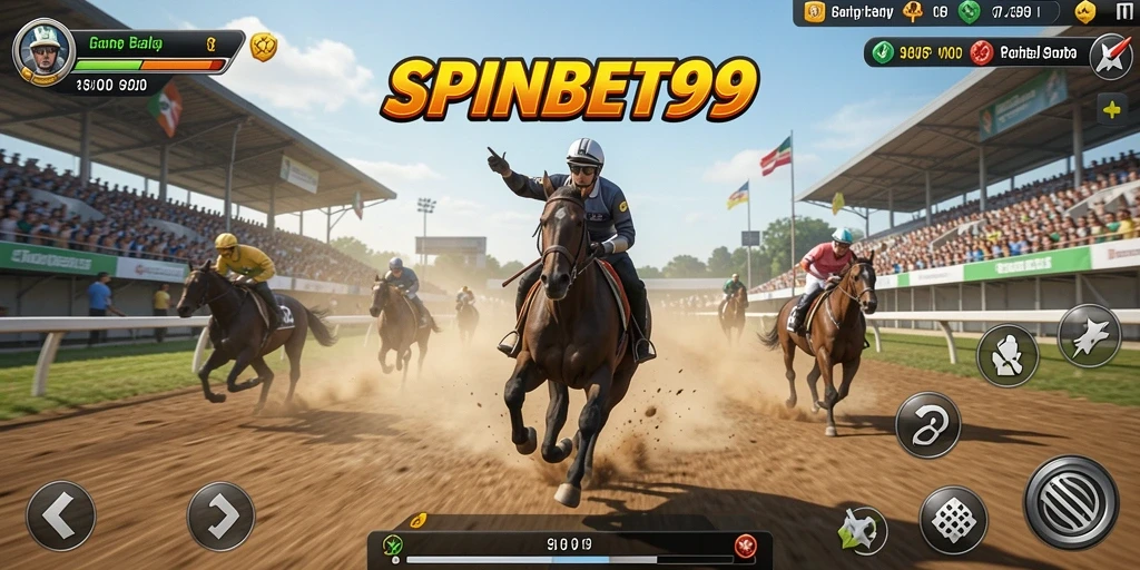 Screenshot gameplay SPINBET99 menampilkan mobil balap melaju kencang di lintasan.